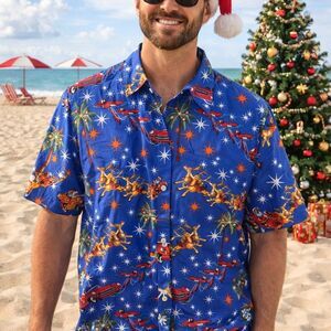 SSLR Mens Tropical Christmas Hawaiian Shirt XL Blue Santa Reindeer Parrots
